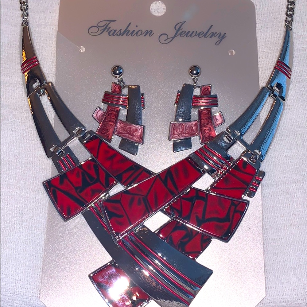Red and black necklace earring set